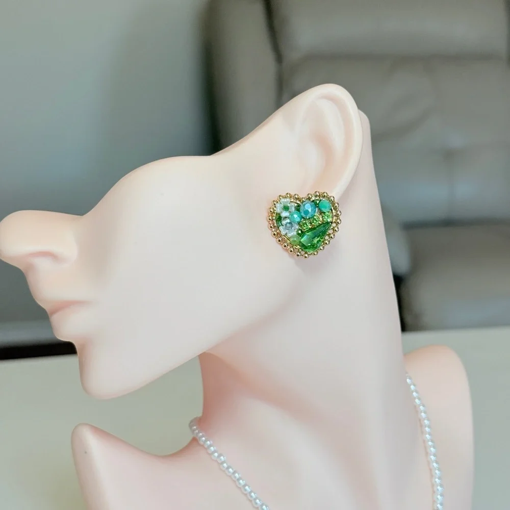 Gold-Trim Green Heart Cluster Stud Earrings